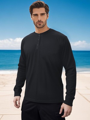 Herren Langarm T-Shirt Thermo Henley Opa Waffelstrick Wintermanschette Shirt