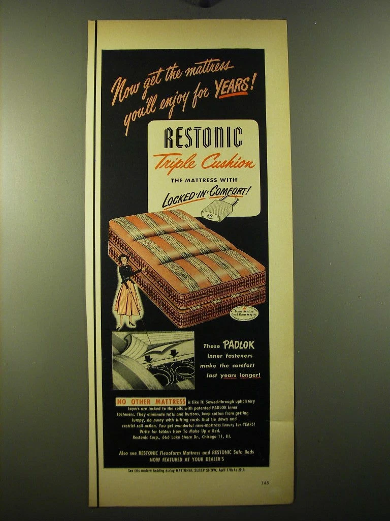 1950 Restonic Mattress Ad Now get the mattress you ll enjoy for
