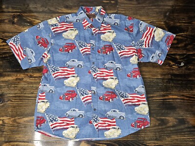 Magellan Men's Button Up 4Th Of July Shirt Vintage Cars / US Flags Men's XL