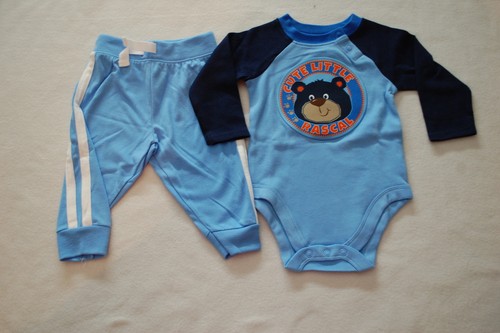 Baby Boys L/S BLUE & NAVY SHIRT Bodysuit CUTE RASCAL BEAR Knit Pants 3-6 MO