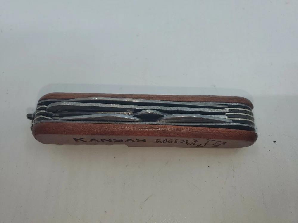 Multi-tool Pocket Knife Frank Kansas Buffalo Engraved  On Wood  Handle
