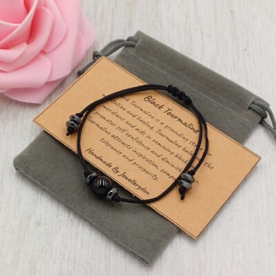 SCHWARZER TURMALIN Armband Handarbeit Geschenktüte + Karte Kristall Edelstein 8 mm.