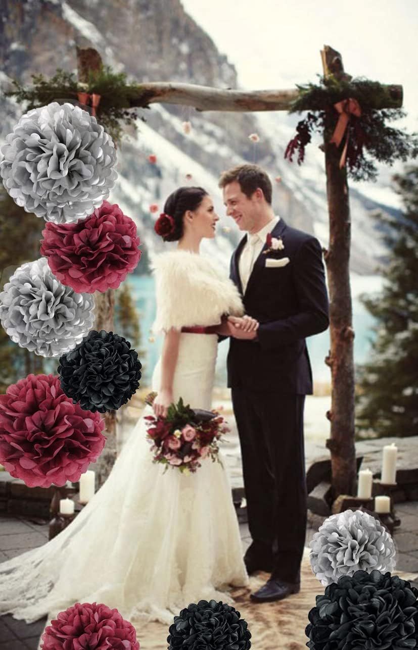 9PCS Maroon Burgundy Black Silver Tissue Paper Flowers Pom Poms Wall