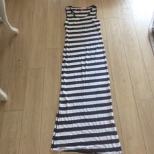 Mystic Times White Navy Stripe Sleeveless Stretch Jersey Long Dress UK S