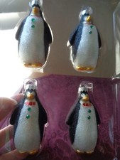 Glass 3.25" Glitter Penguin Christmas Ornaments 4 Count NIB