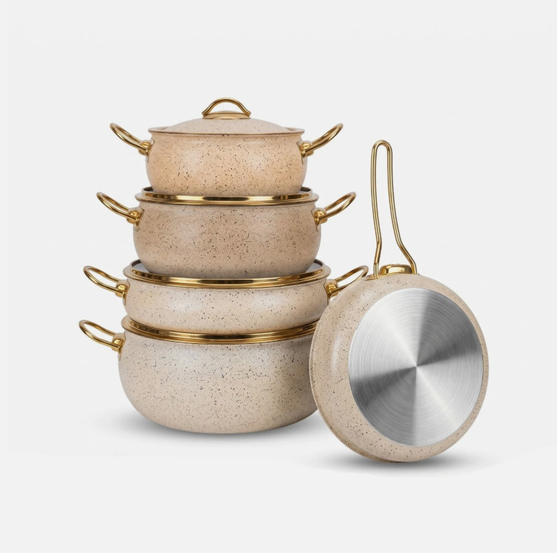 Juego de utensilios de cocina antiadherentes de granito de 9 piezas sartenes de inducción de oro crema con tapa de vidrio