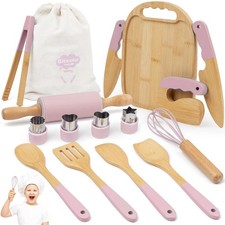 Wooden Kids Cooking Set Montessori Kit - Real Toddler Kitchen Tools Baking ...