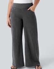 Halara Flex XS Washed Black Jeans Pockets Pull On Wide Leg Comfort New 