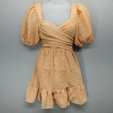 Lulus Dress Womens Extra Small Peach Puff Sleeve Ruched Mini Ruffle Boho