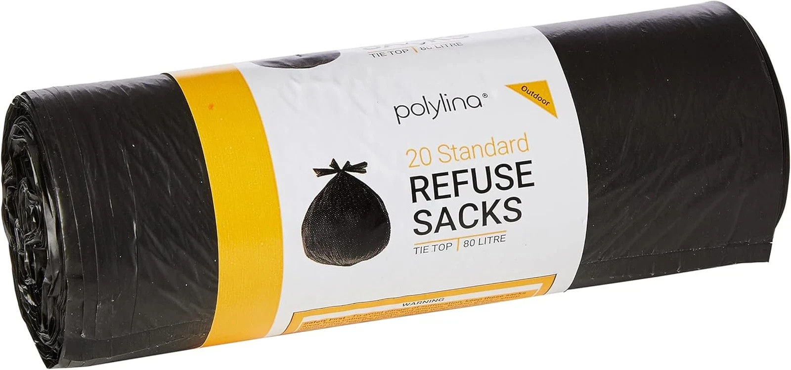 20 Tie Top Refuse Sacks Bin Bags, Recycled Plastic, Black, 80 Litre