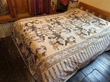 Vintage Japanese Toile Wisteria Flowers Greek Key Oriental Bird Double Bedspread