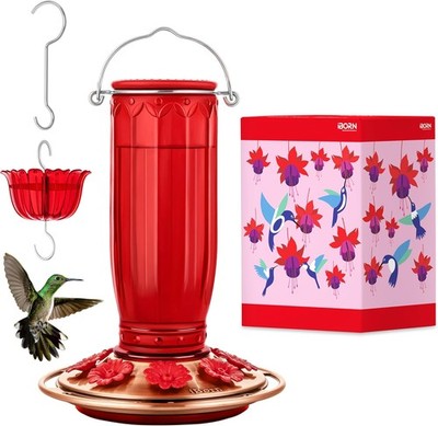 iBorn Glass 8 Feeding Ports Pack of 1, Red Glass+Copper Base+Red Flower 