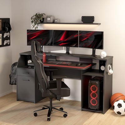 Function Plus Gaming Desk with Storage, Drawer & Monitor Riser - Black Finish