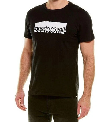 ROBERTO CAVALLI Shirt Mens Large Black Pullover Crew Short Sleeve Logo T-Shirt