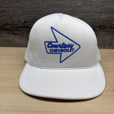 Vintage Courtesy Chevrolet Hat Cap Snap Back White Blue Mesh Trucker Mens 80s