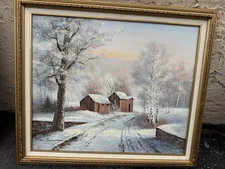 M. Benson, Oil on Canvas, Winter Farmstead Landscape, Signed