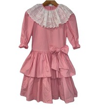 Vintage Kim Originals Girls Pink Dress Size 10 Lace Collar, Ruffled with Bow