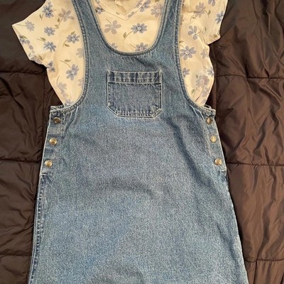 Denim Jean Jumper Dress with Floral Blue T-Shirt 90s Vintage Arizona Jean Pocket