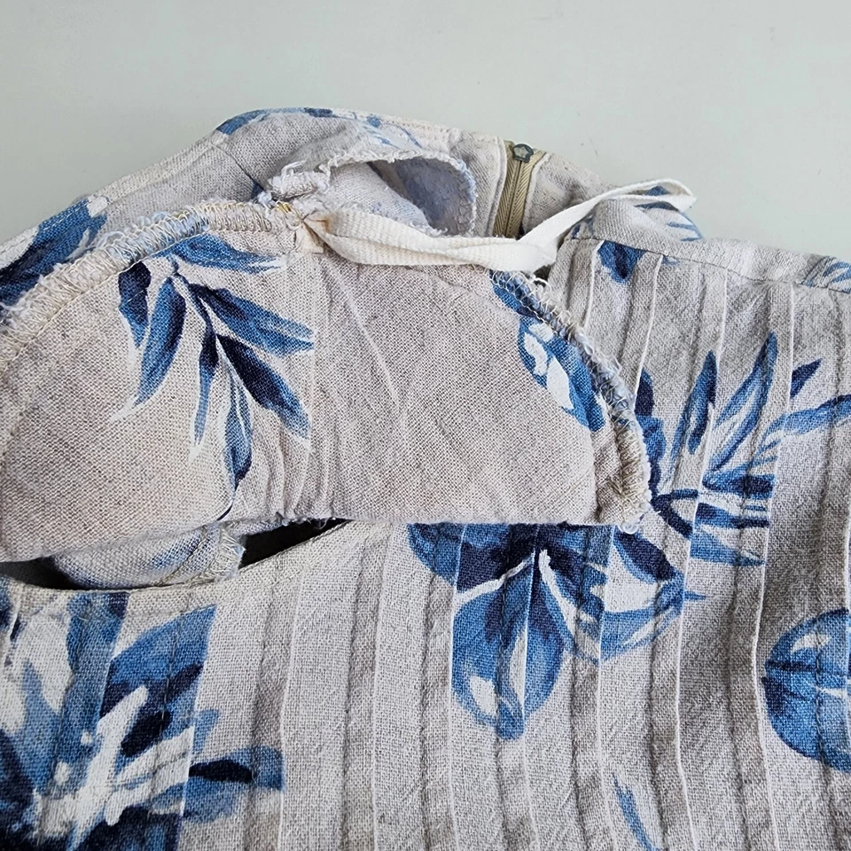 VTG Miss Dorby Floral Linen Dress Pleats  Beige Blue Womens Tie Back Zip Sz M - Image 3 of 4