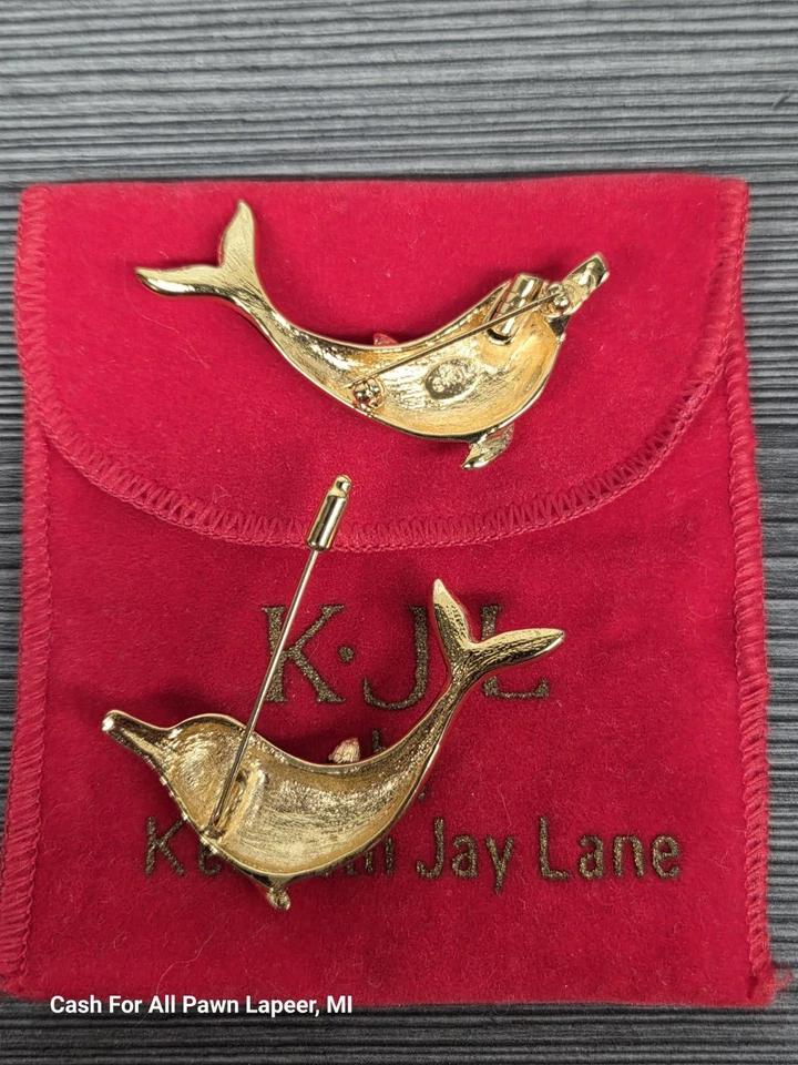 2 broches y pasador Kenneth Jay Lane KJL esmalte negro delfines pedrería Foto 2 de 2