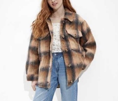 AMERICAN EAGLE Oversized Brushed Brown Plaid Shacket Women's MEDIUM NWT