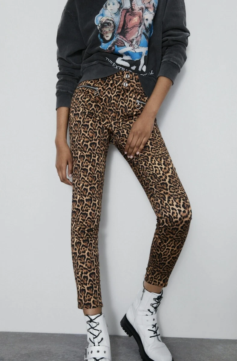 ZARA Animal Print Leopard Skinny Pants Size 4 Mid Rise Jeans Zipper Black  Moto