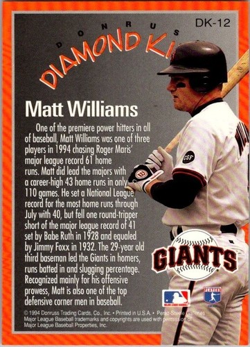 1995 Donruss Diamond Kings Matt Williams San Francisco Giants #DK-12 - Picture 2 of 2