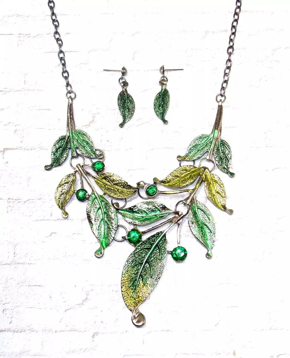 Large green leaf necklace and earring set with green crystals green leaves New
