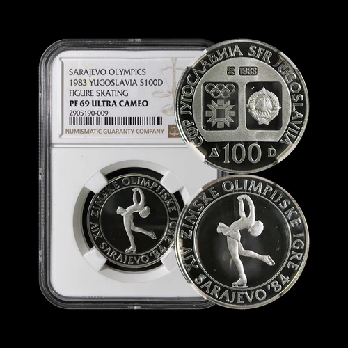 YUGOSLAVIA. 1983, 100 Dinara, Silver - NGC PF69 - Top Pop 🥇 Figure Skating