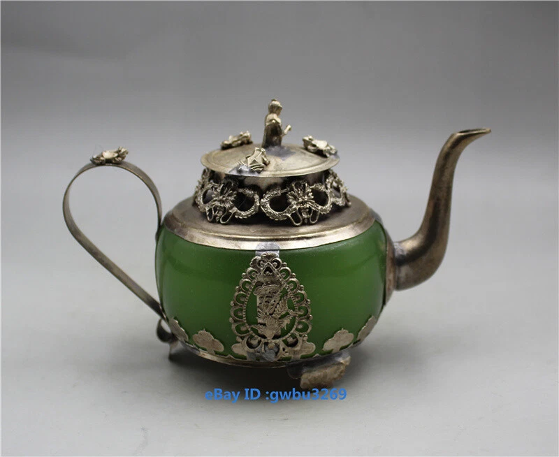 Coleção de bules de dragão esculpidos à mão de jade com incrustação de prata tibetana antiga da China - Imagem 4 de 4