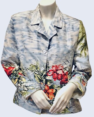 NATALIE & ME  Size 8 Jacket Blue Blazer Tropical Floral Lined Bling Palm Trees