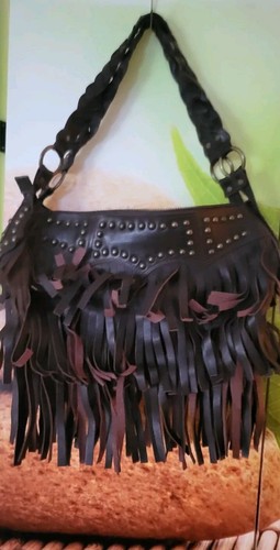 RARE Vintage Betsey Johnson Bag Shoulder Hobo Brown Leather Fringe Binge Studded - Picture 2 of 13