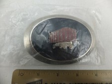 Vintage Red Train Car Railroad Railway Cargo Locomotive Black Enamel Belt Buckle