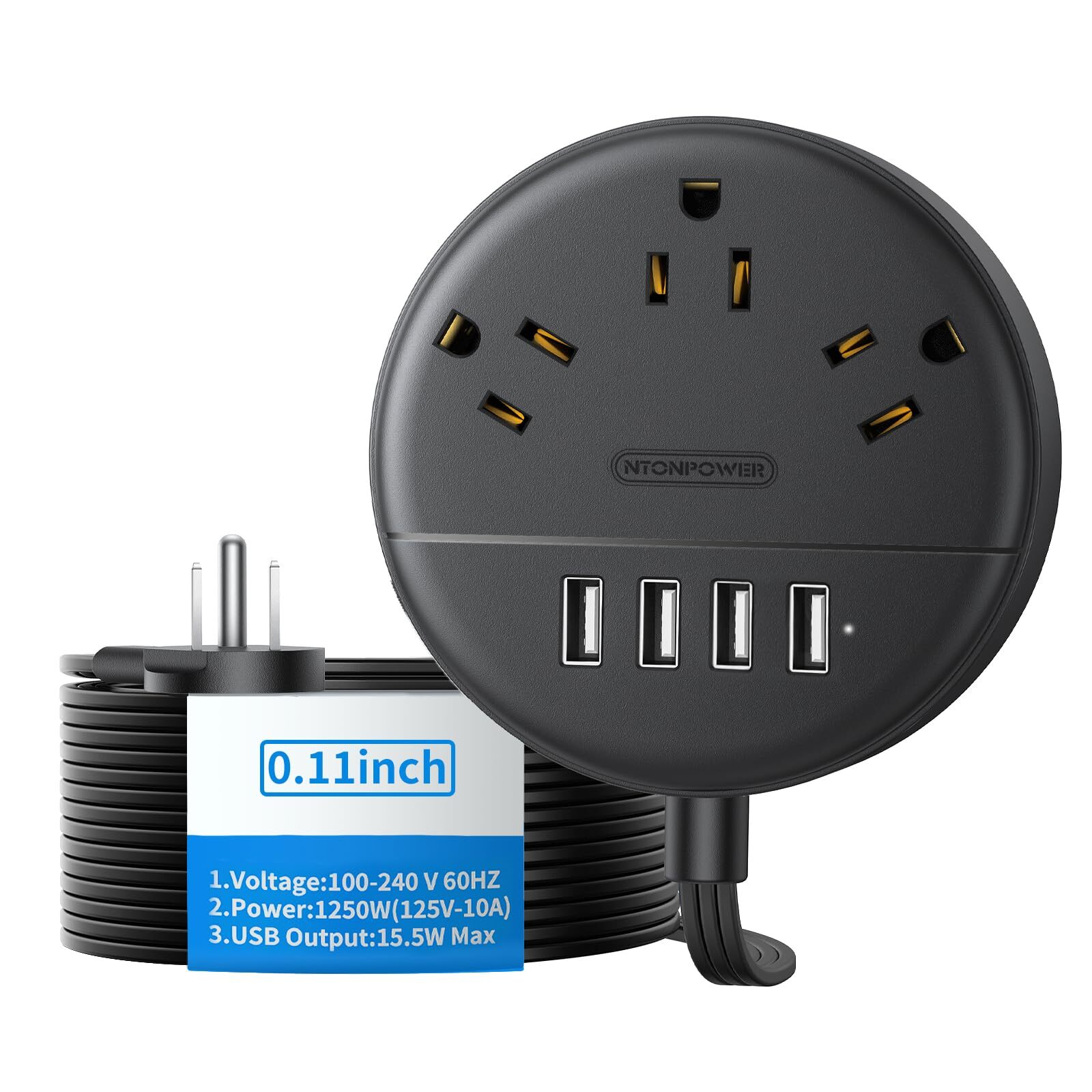 Flat Extension Cord 15 ft Flat Plug Power Strip with 3 Outlets 4 USB Ports Ul...