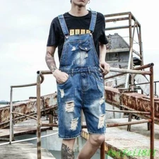Fashion Mens Ripped Denim Slim Fit Overalls Short Pants Jumpsuits Suspender 2025