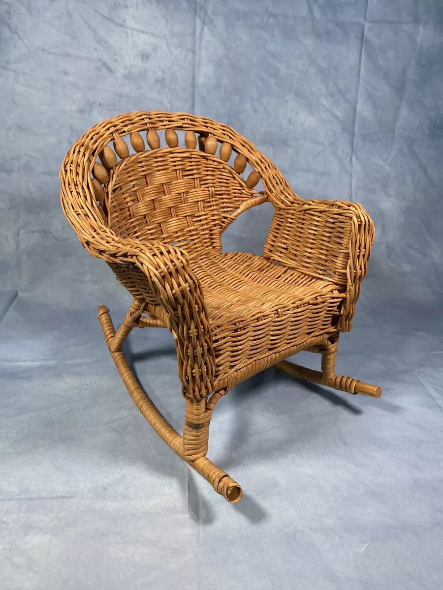 Small Vintage Rustic Wood Wicker Rocking Chair 11
