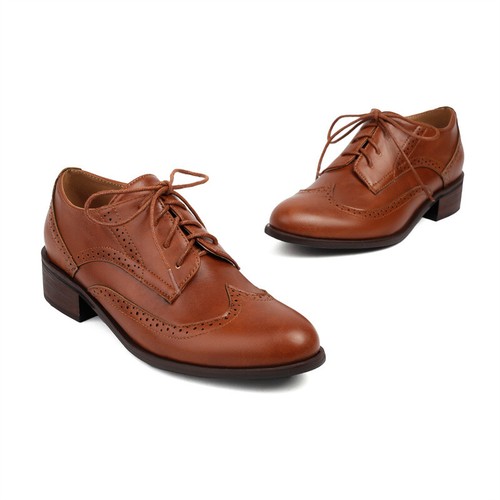 Retro Womens Lace UP Pointed Toe Carved Mid Heels Oxfords Brogues Shoes Fashion - Picture 8 of 27