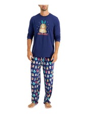 FAMILY PJs Mens Navy Top Elastic Band Long Sleeve Straight leg Pants Pajamas S