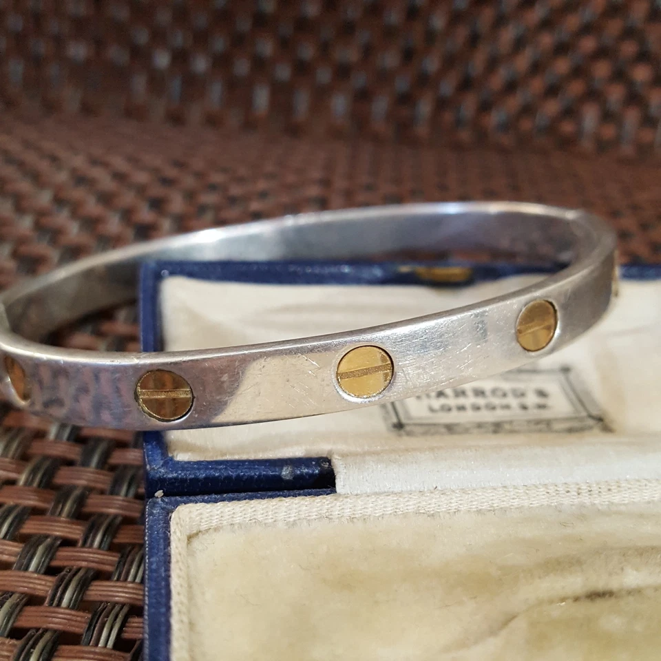 Brazalete vintage de plata de ley 925, brazalete de tornillos de latón, 7,7", con sello Foto 2 de 4