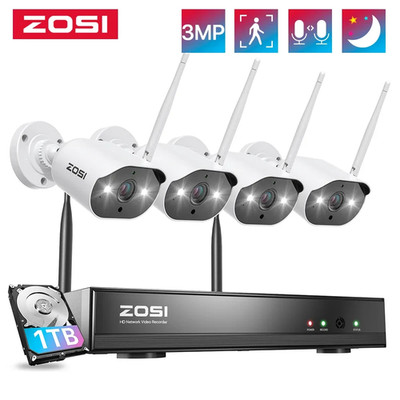 ZOSI 3MP WLAN Überwachungskamera Set Außen HDD NVR WIFI IP Kamera Farbnachtsicht