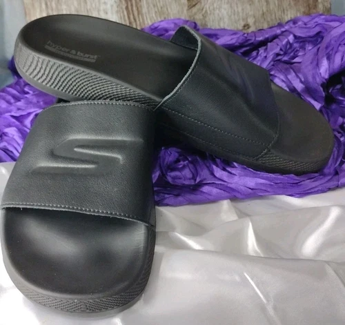 Skechers Black Leather Hyper Burst Recovery Slip On Slides Sandals Sz 8 EUC