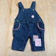 OshKosh Genuine Kids Overalls Pink Embroidered Patchwork Flower Blue Denim 3M