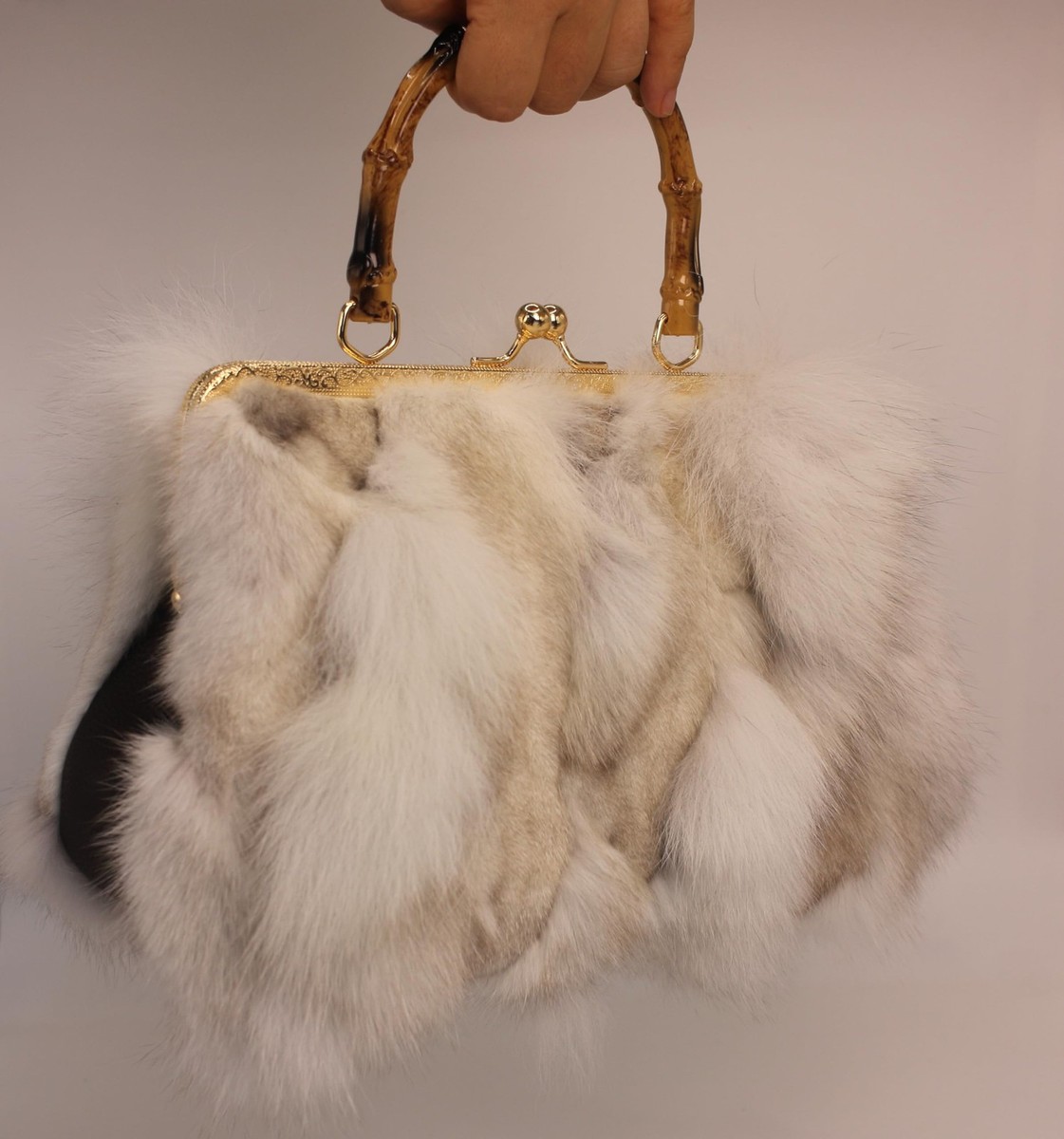 Real Fox Fur Handbag – Vintage Kisslock Purse with Bamboo Handle