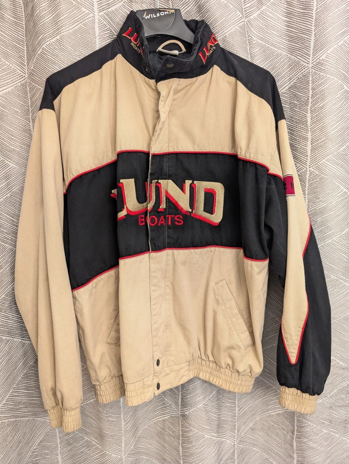 LUND BOATS - Tan / Black 100% Cotton 3XL Embroidered Zip Up Fishing Jacket NICE!