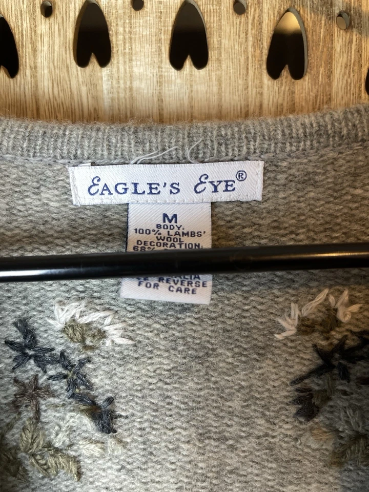 Cárdigan Vintage Ojo de Águila Lana de Cordero Floral Bordado M - Lana Gris Foto 3 de 3