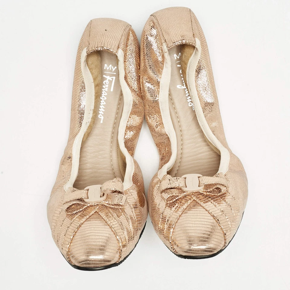 Salvatore Ferragamo Metálico Oro Rosa Gamuza My Joy Scrunch Ballet Planos Talla Foto 3 de 4