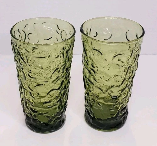Vtg Anchor Hocking Lido Milano Avocado Olive Green Crinkle Glass Tumbler Set 2
