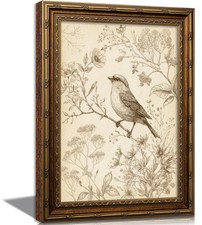Vintage Gold Framed Bird Canvas Wall Art Retro Farmhouse Sparrow Painting Pic...