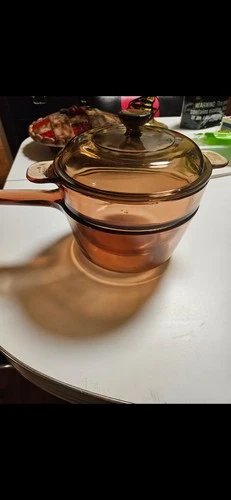 Vintage Corning Pyrex Vision Double Boiler Set Amber V-20-B & V 1.5 C Lid