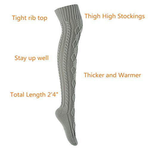 Women's Cable Knit Thigh High Boot Socks Extra Long Winter One Size Grey - Picture 2 of 6